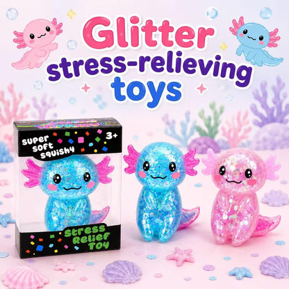 Axolotl Stress Relief Squishy Toy - Glitter Fidget Ball for Kids and Adults, Ideal for Birthday Party Favors and Classroom Gifts