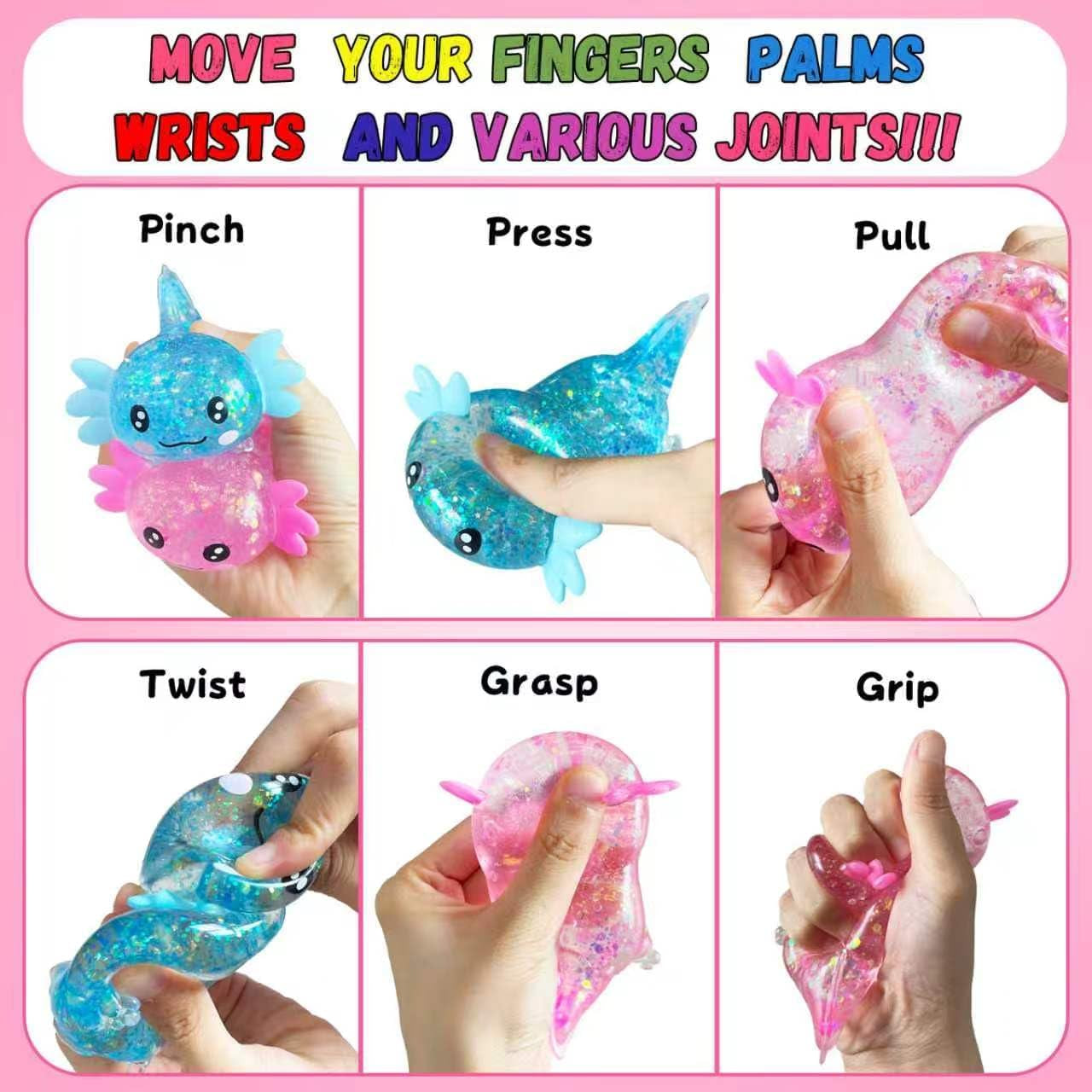 2-Pack Glitter Axolotl Squishies - Soft Sensory Fidget Toys for Stress Relief, Perfect for Teens and Adults, Office Decor, and Party Favors (Blue & Pink)