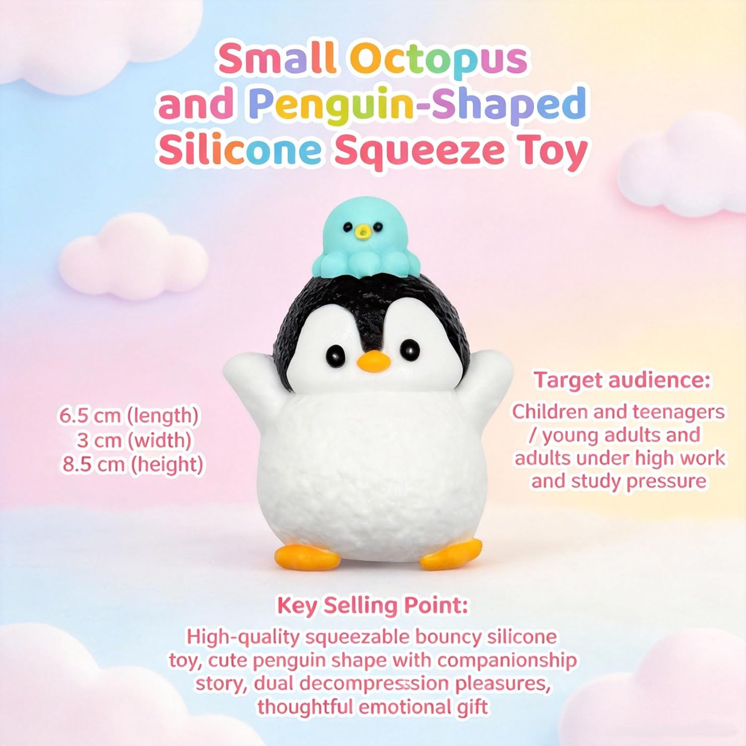Slicone Taba Squishy, Stress Ball,Calming Fidget Toy, Penguin | FUFU Squishies Silicone Toys, Stress Relieving Fur Ball, OPP Packaging Gifts, Fidget Toys for Anxiety & Relaxation