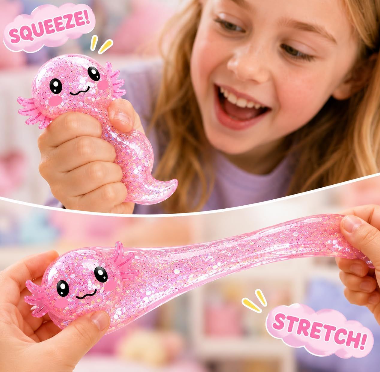 Axolotl Stress Relief Squishy Toy - Glitter Fidget Ball for Kids and Adults, Ideal for Birthday Party Favors and Classroom Gifts