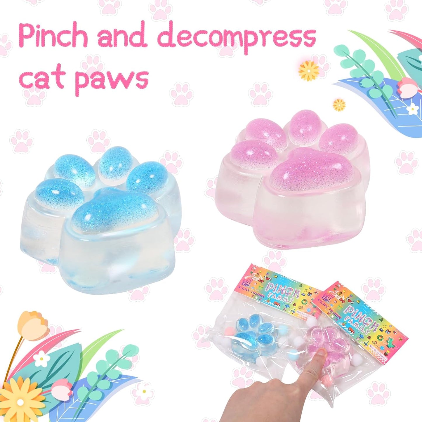 Set of 2 Kawaii Cat Paw Squeeze Toys in Pink and Blue - Sparkling Powder Infused PVC Stress Relief Squishies for Kids and Teens, OPP Packaging