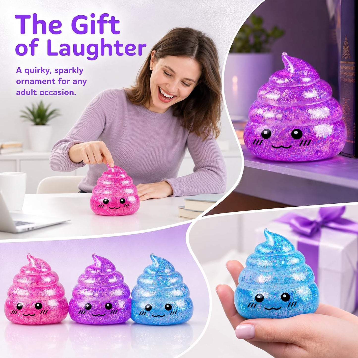 Set of 3 Glitter Poop Stress Relief Squishy Balls - Sensory Fidget Toys for Adults, Ideal for Novelty Pranks and Party Favors