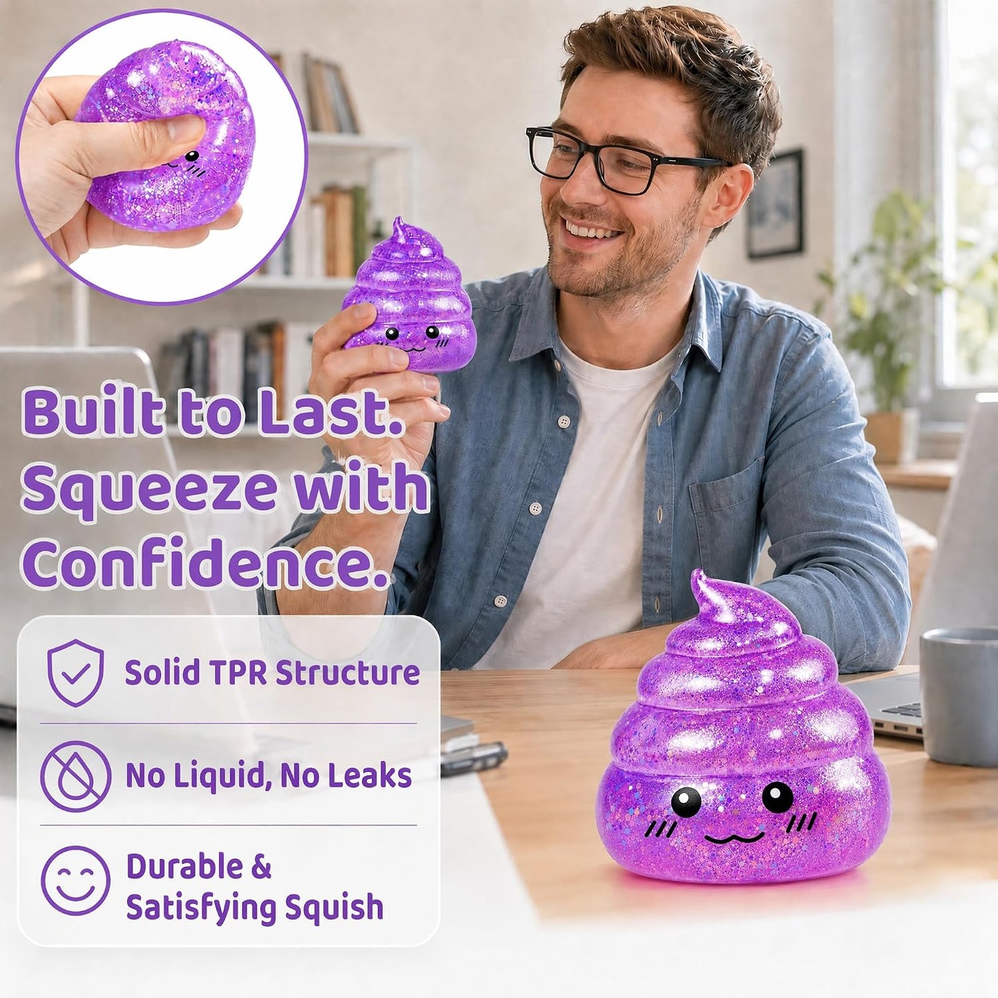 Purple Glitter Poop-Shaped Stress Ball - Novelty Squishy Stress Relief Toy for Adults, Ideal for Jokes, Pranks, and Party Favors