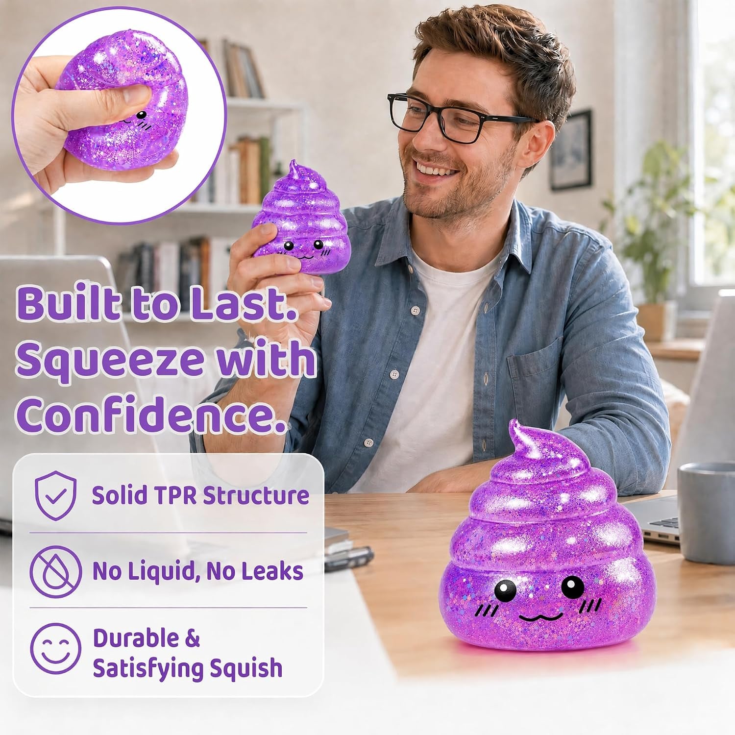 Purple Glitter Poop-Shaped Stress Ball - Novelty Squishy Stress Relief Toy for Adults, Ideal for Jokes, Pranks, and Party Favors