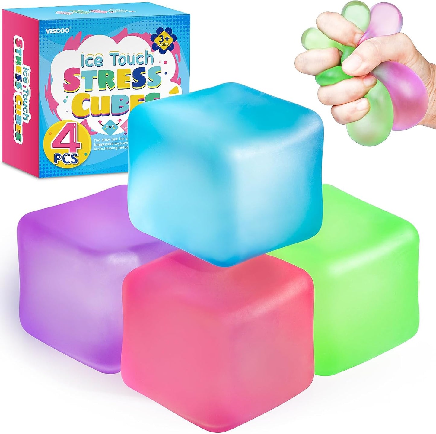 4 Pack Stress Cube,Slow Rising Ice Cube Stress Balls for Adults Kids | Sensory Fidget Toy for Anxiety Relief, Square Shape Cube Squishy for Classroom Prizes, Squishy Balls for Party Favors
