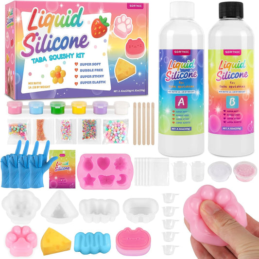 Taba Squishy Kit with 10 Molds, 18OZ Liquid Silicone Squishy Making Kit with Guided, Bubble Free, Odorless and Faster Fully Cures, DIY Squishy Kit, Flocking Powder, Stress Relief Entertainment