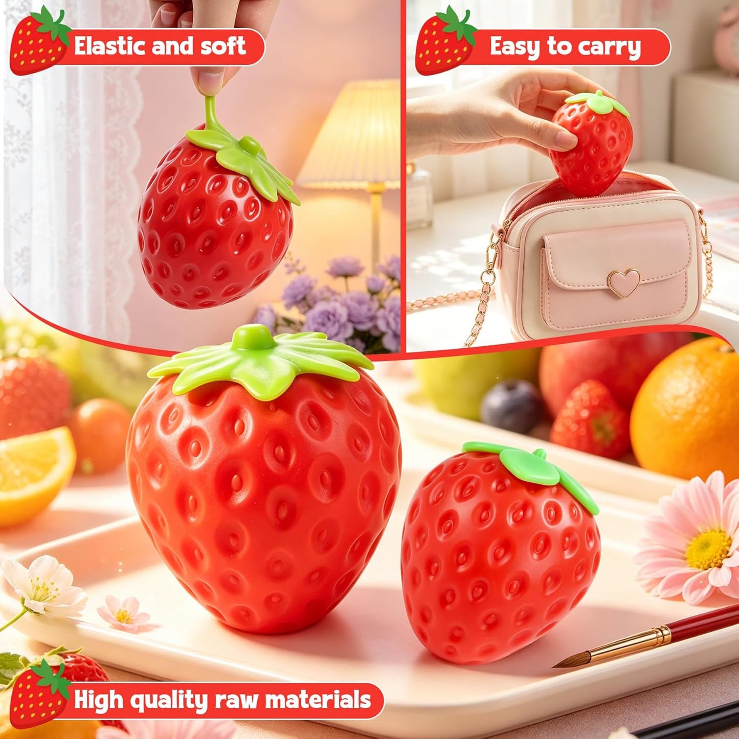 Lifelike Strawberry Squishies Squeezy Toys, 3.15 Inch Big Strawberry | Taba Squishies Sensory Toys for Kids and Adults to Relieve Stress Anxiety, Red Fruit Stress Balls, Birthdays Party Gift