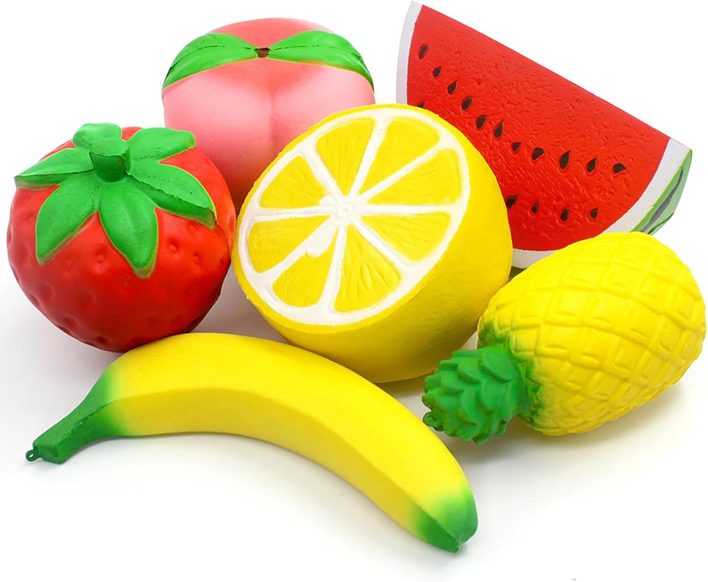 Set of 6 Jumbo Slow Rising Fruit Squishies - Strawberry, Peach, Banana, Lemon, Watermelon, Pineapple - Cream Scented Stress Relief Toys for All Ages