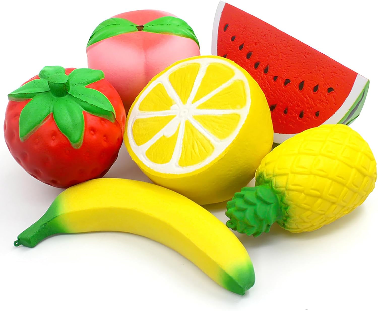 Set of 6 Jumbo Slow Rising Fruit Squishies - Strawberry, Peach, Banana, Lemon, Watermelon, Pineapple - Cream Scented Stress Relief Toys for All Ages