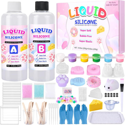 Taba Squishy Kit - 18oz 1:1AB Liquid Silicone Set with 6 Molds, Bubble-Free Decompression Squishies Gift Set, Includes Guide and Flocking Powder for DIY Squishies Creation