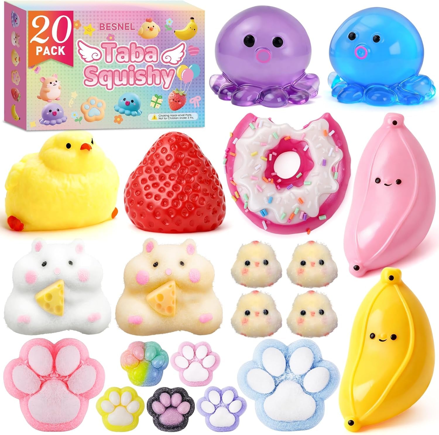 20-Piece Taba Squishy Fidget Toy Pack - Stress Relief Sensory Toys Featuring Chick, Cat Paws, Hamster, and Strawberry Designs - Ideal for Kids, Classroom Gifts, and Goodie Bags (11 Large + 9 Small)