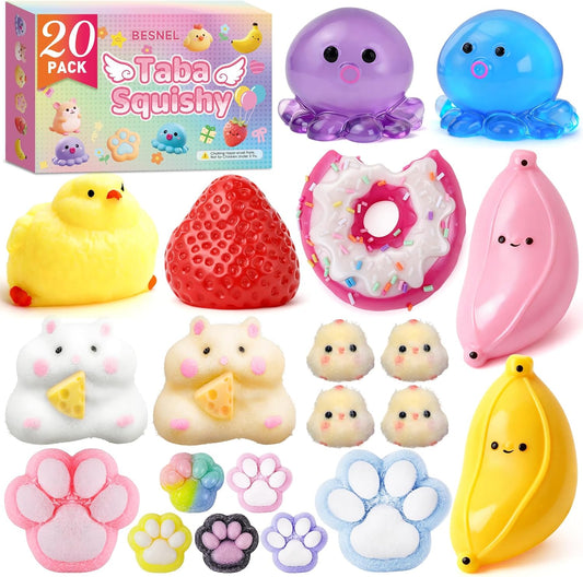 20-Piece Taba Squishy Fidget Toy Pack - Stress Relief Sensory Toys Featuring Chick, Cat Paws, Hamster, and Strawberry Designs - Ideal for Kids, Classroom Gifts, and Goodie Bags (11 Large + 9 Small)