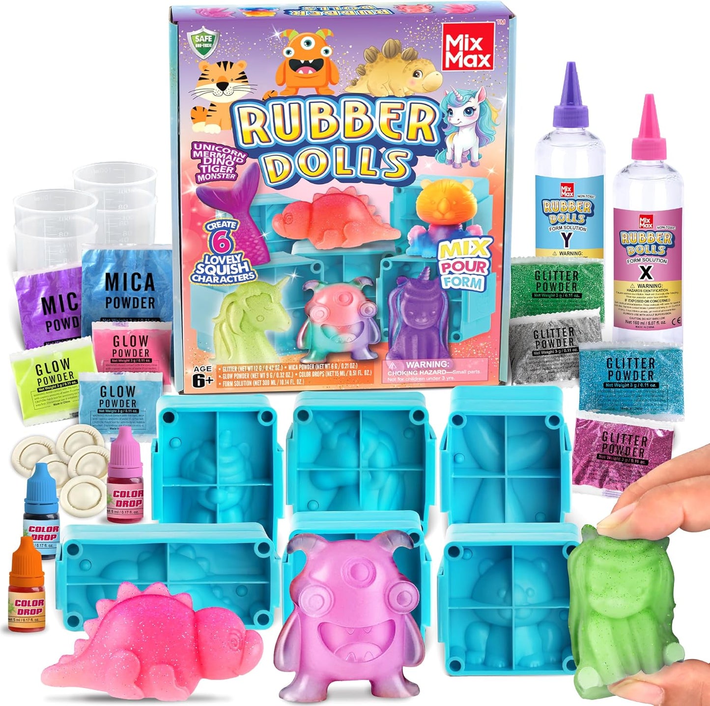 DIY Squishy Toy Making Kit - 6 Pack Rubber Doll Craft Set for Kids Ages 6-12, Glow-in-the-Dark Jumbo Glitter Silicone Crafts for Parties