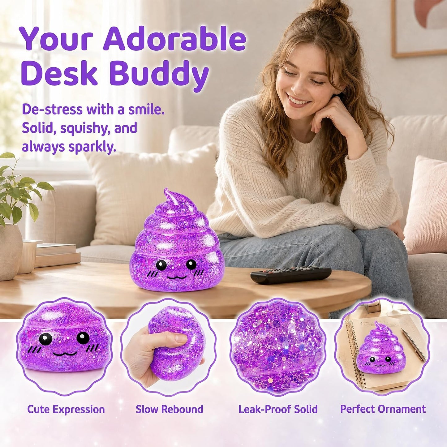 Purple Glitter Poop-Shaped Stress Ball - Novelty Squishy Stress Relief Toy for Adults, Ideal for Jokes, Pranks, and Party Favors