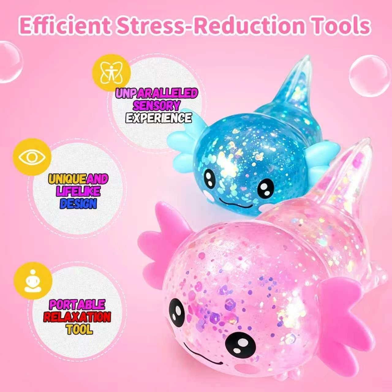 2-Pack Glitter Axolotl Squishies - Soft Sensory Fidget Toys for Stress Relief, Perfect for Teens and Adults, Office Decor, and Party Favors (Blue & Pink)