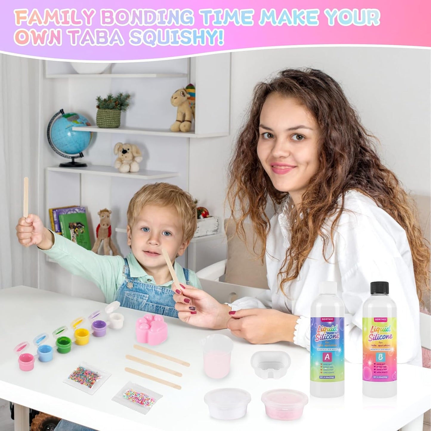 Taba Squishy Kit with 10 Molds, 18OZ Liquid Silicone Squishy Making Kit with Guided, Bubble Free, Odorless and Faster Fully Cures, DIY Squishy Kit, Flocking Powder, Stress Relief Entertainment