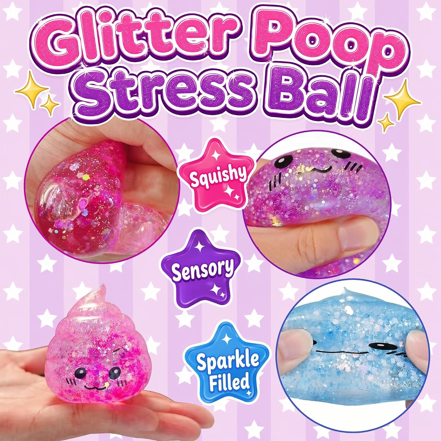 Set of 3 Glitter Poop Stress Relief Squishy Balls - Sensory Fidget Toys for Adults, Ideal for Novelty Pranks and Party Favors