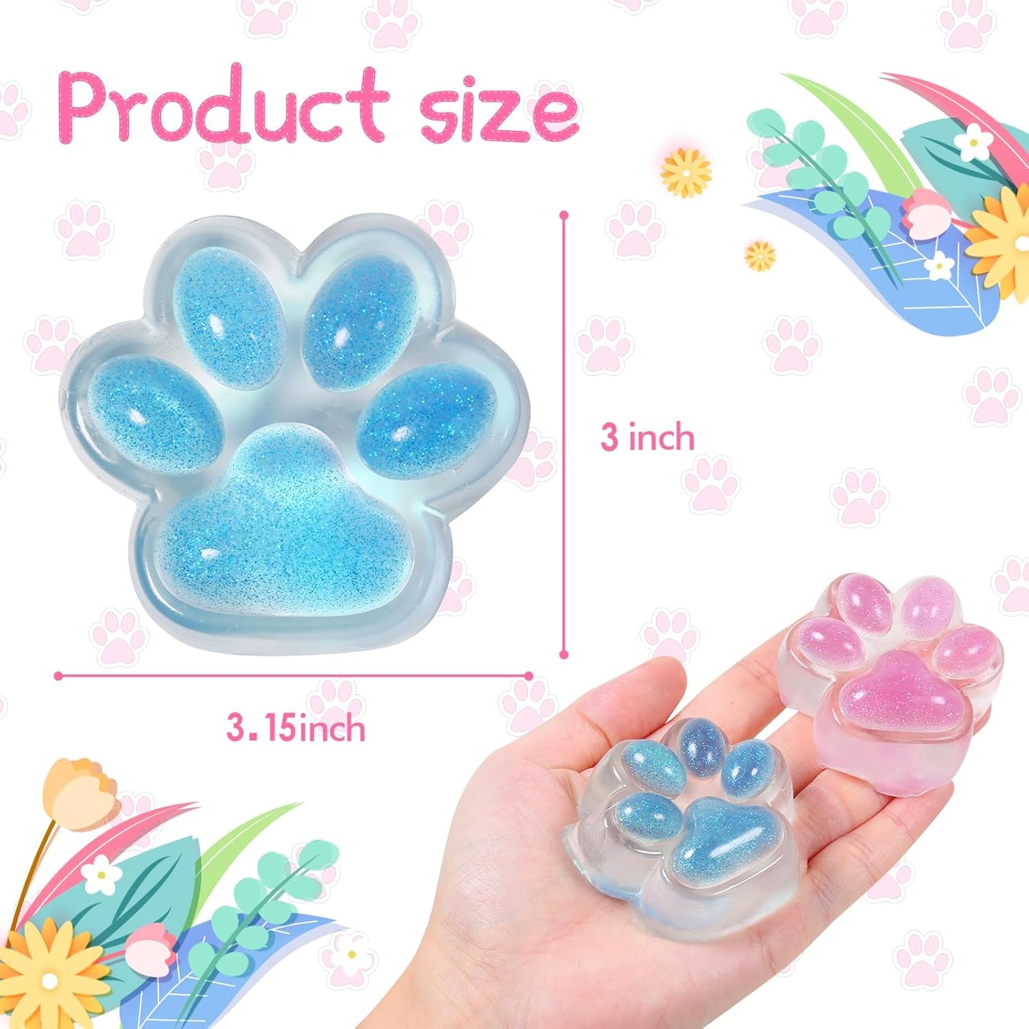 Set of 2 Kawaii Cat Paw Squeeze Toys in Pink and Blue - Sparkling Powder Infused PVC Stress Relief Squishies for Kids and Teens, OPP Packaging