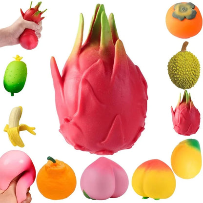 Dragon Fruit, Peach, Orange, Durian, Mango, Banana, and Strawberry Soft Squeeze Stress Relief Fidget Toy for Office and Home