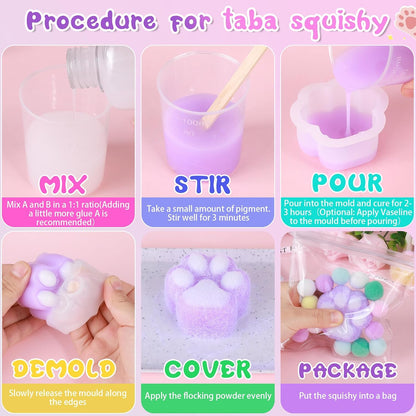 Taba Squishy Kit - 18oz 1:1AB Liquid Silicone Set with 6 Molds, Bubble-Free Decompression Squishies Gift Set, Includes Guide and Flocking Powder for DIY Squishies Creation