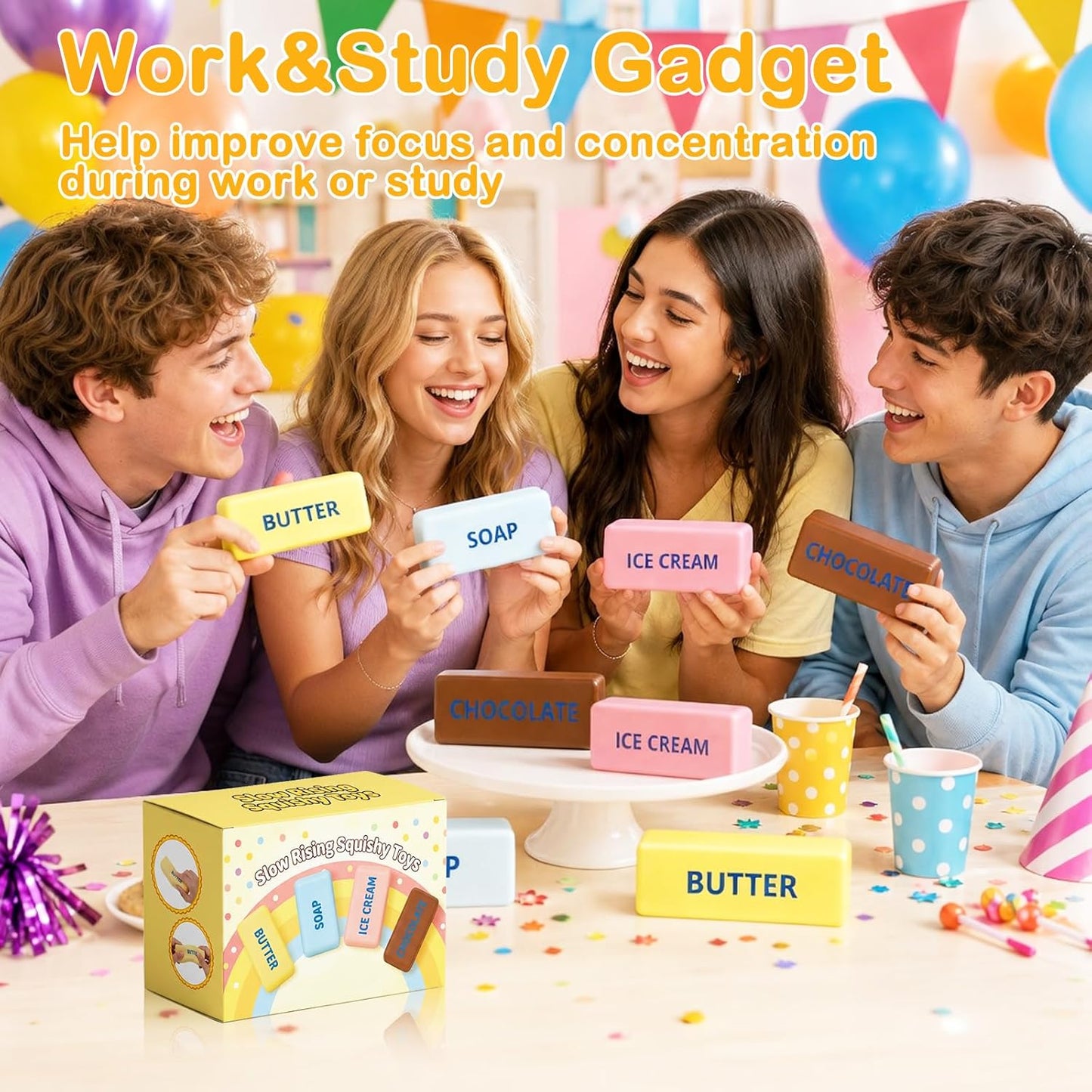 Butter Squishy 4 Pack - Slow Rising Squishy Toy，4 Squishies Butter Squeeze Toy for Stress Relief,Portable Desk Toy for Adults, Party Favors & Gifts