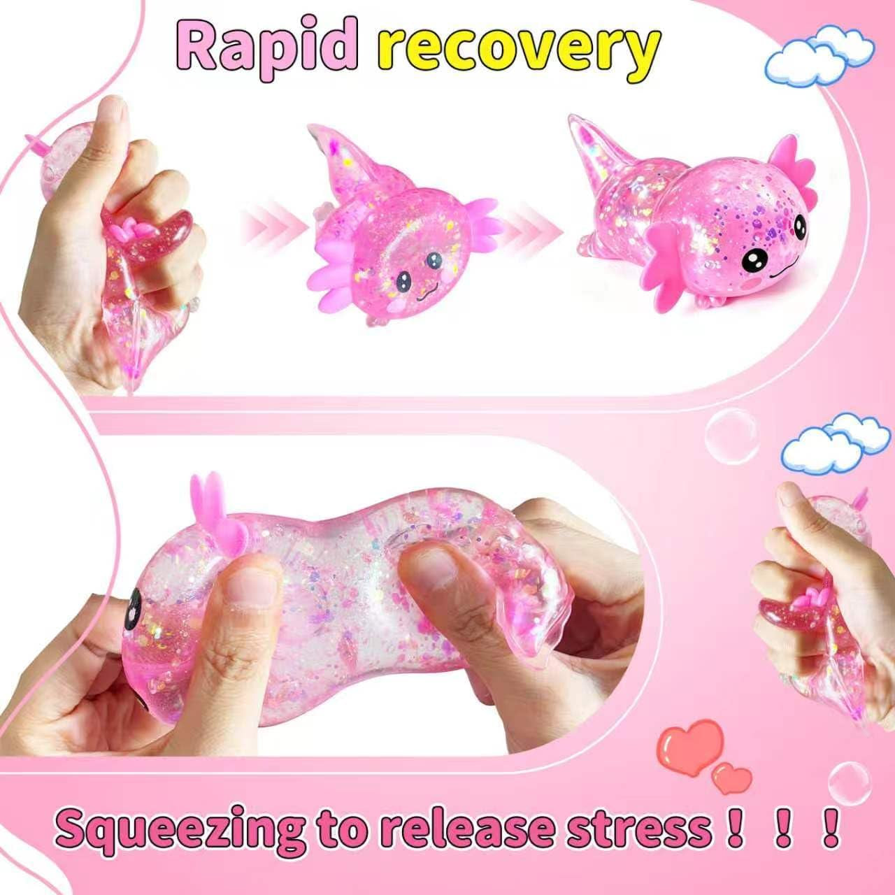 2-Pack Glitter Axolotl Squishies - Soft Sensory Fidget Toys for Stress Relief, Perfect for Teens and Adults, Office Decor, and Party Favors (Blue & Pink)