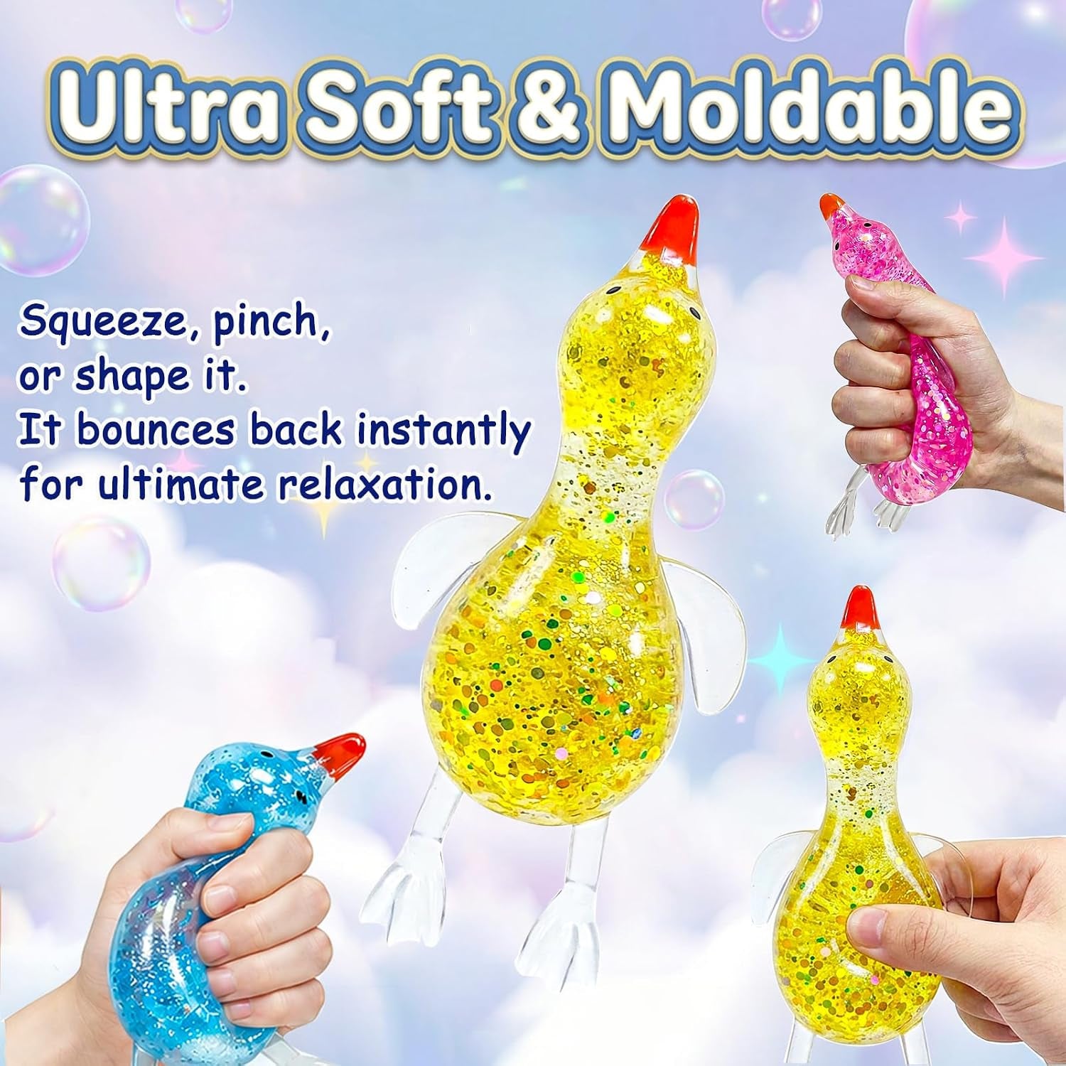 Glitter Duck Stress Ball - Soft Slow Rising Squishy Toy for Anxiety Relief, Ideal Sensory Fidget for Adults and Kids, Unique Desk Decor