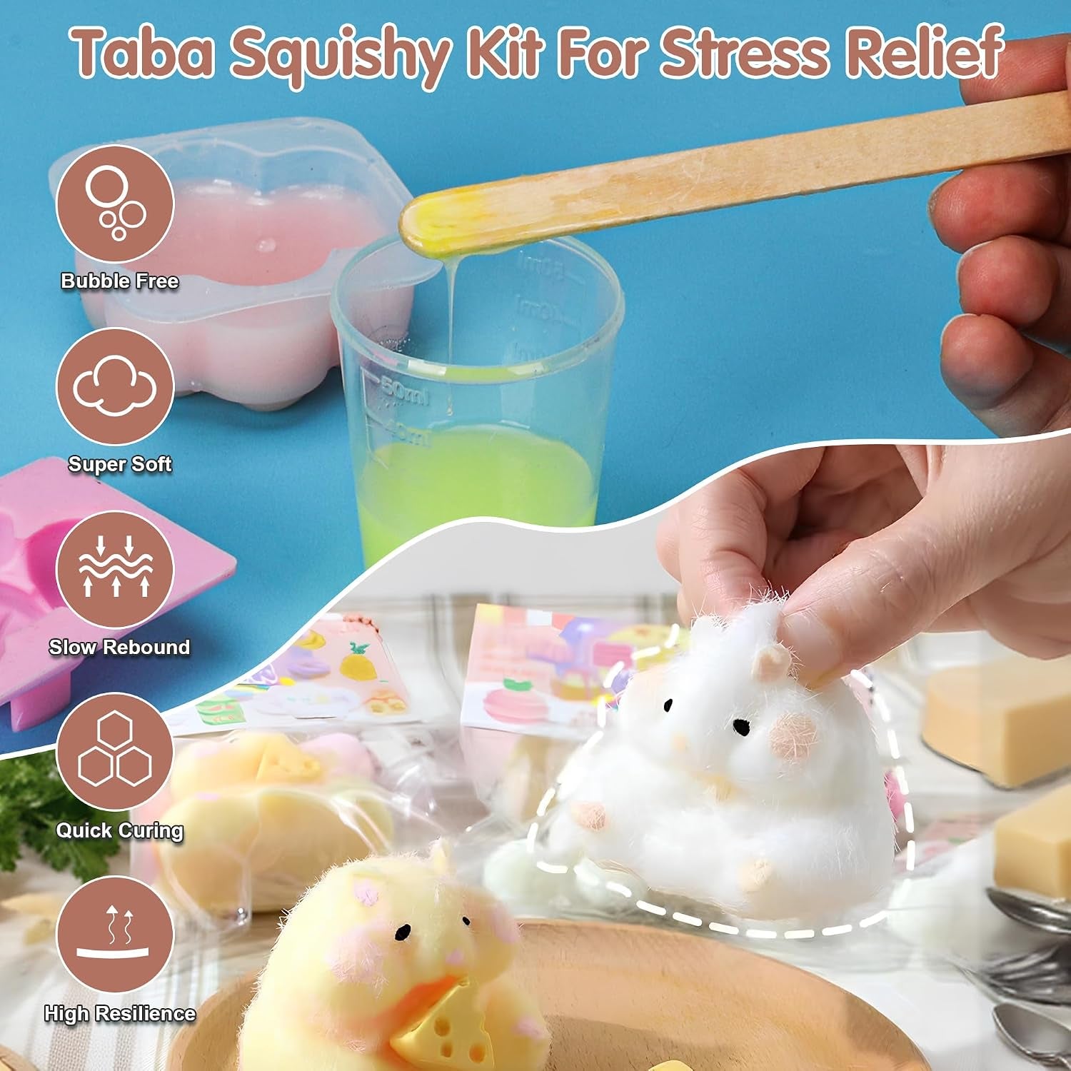 Taba 500G DIY Squishy Making Kit - 1:1 AB Liquid Silicone with Bubble-Free Curing, Includes 6 Molds and Flocking Powder for Stress Relief Gifts