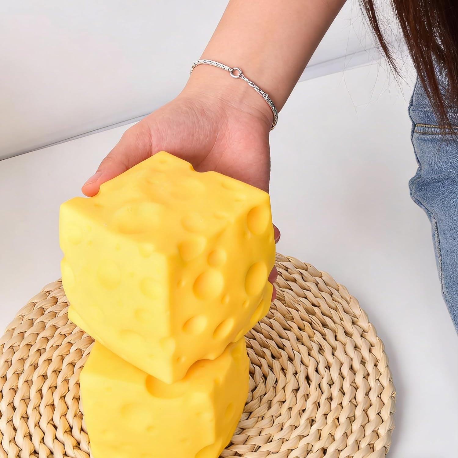 Big Cheese Squishy Toy, Jumbo Soft Sensory Cheese Block Stress Ball, Large Slow Rising Squeeze Fidget Toys for Adults , Giant Realistic Cheese Cube Novelty Gift for Relax and Focus (3.9In)