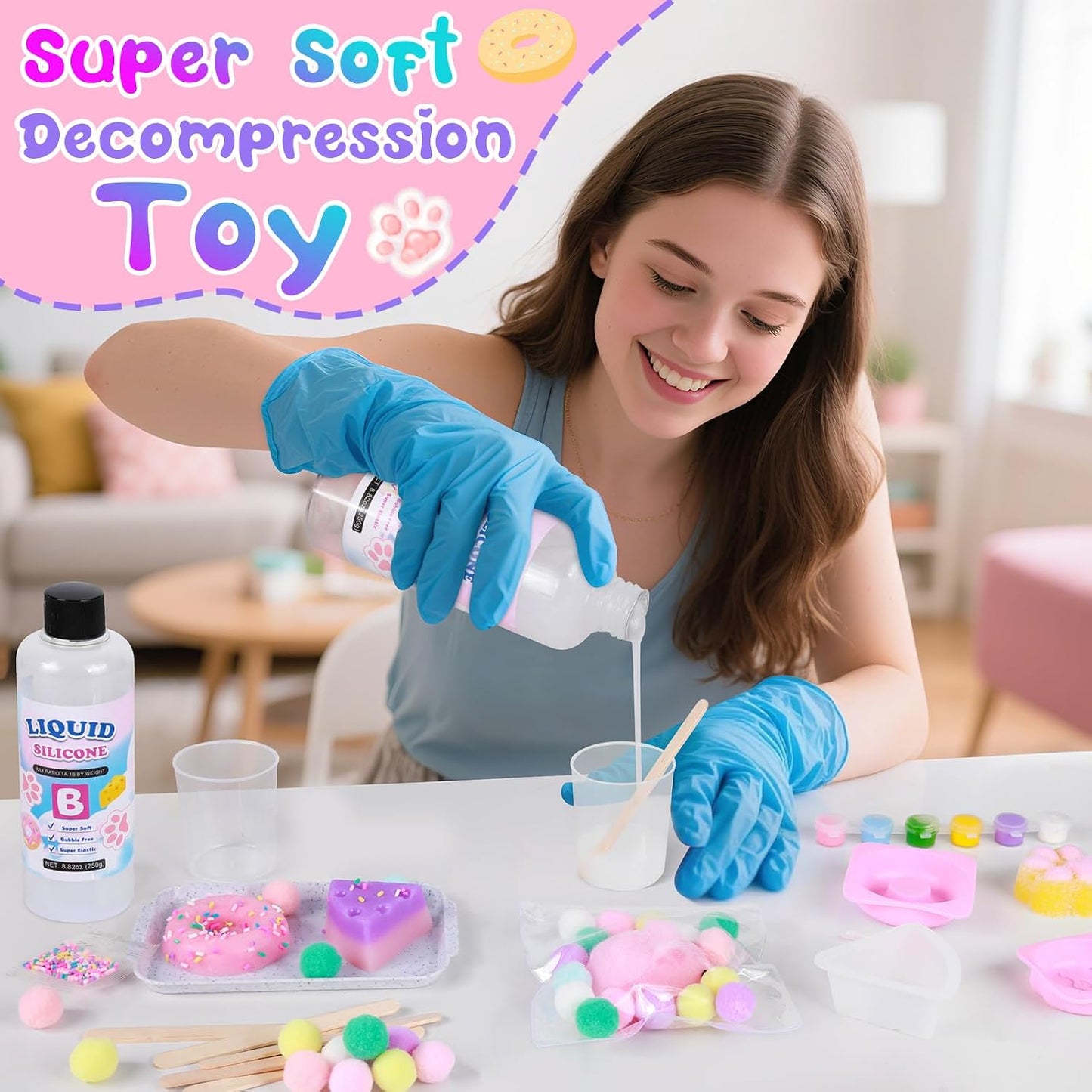 Taba Squishy Kit - 18oz 1:1AB Liquid Silicone Set with 6 Molds, Bubble-Free Decompression Squishies Gift Set, Includes Guide and Flocking Powder for DIY Squishies Creation