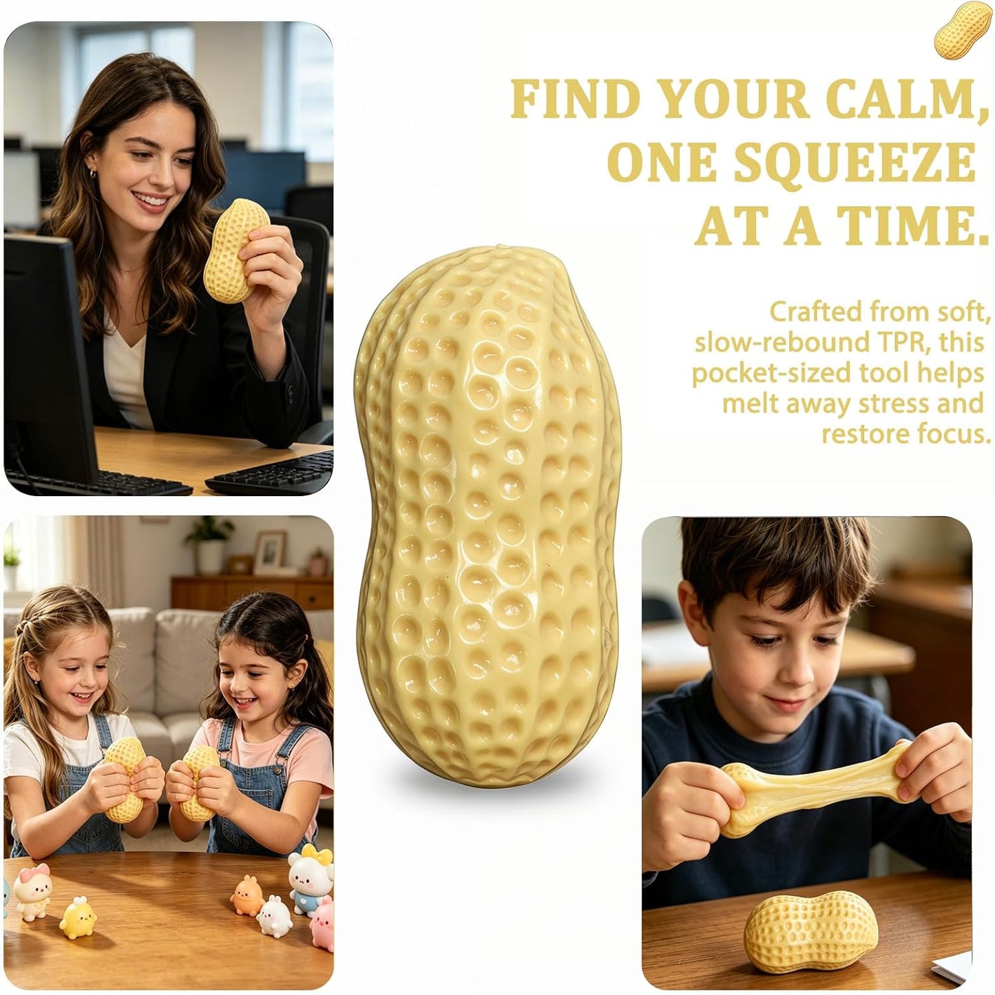 Peanut-Shaped Stress Relief Ball - Soft TPR Fidget Toy for Anxiety Relief and Hand Relaxation, Ideal for Desk Decor and Gift (1 Piece)