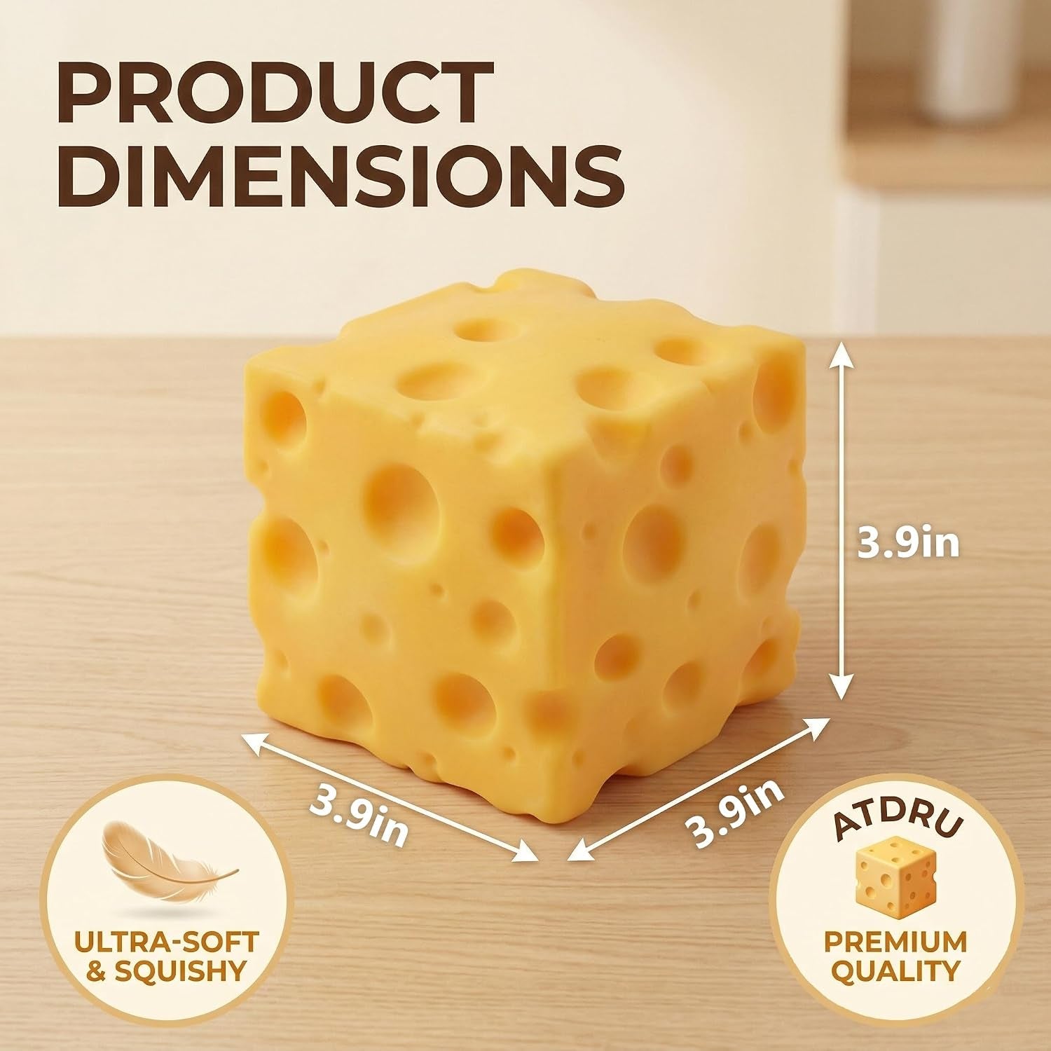 Big Cheese Squishy Toy, Jumbo Soft Sensory Cheese Block Stress Ball, Large Slow Rising Squeeze Fidget Toys for Adults , Giant Realistic Cheese Cube Novelty Gift for Relax and Focus (3.9In)