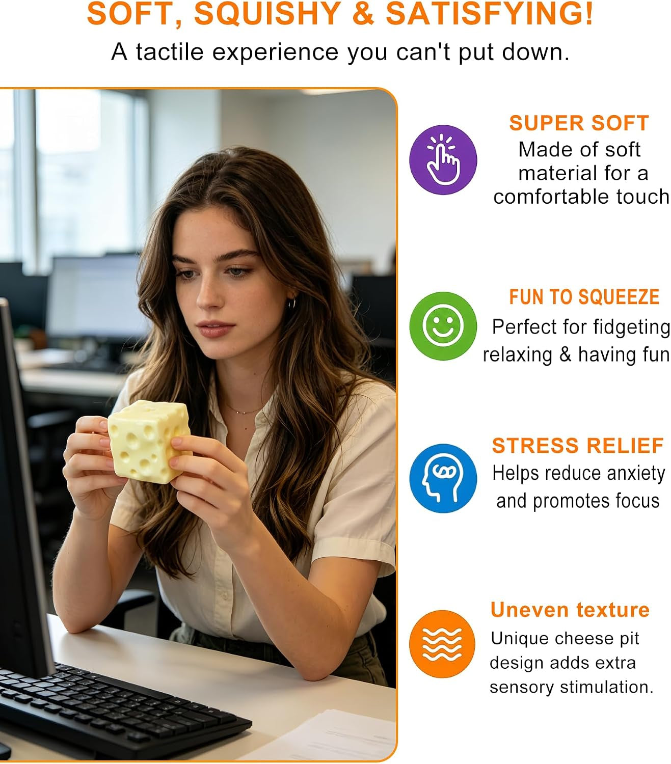 Coconut Oil Stress Ball, Cheese-Shaped Squishy Ball - Soft Jelly with a Bubblegum Texture, Slow-Rising Fidget Stress Ball for Stress Relief and Relaxation, Non-Sticky, Helps Improve Focus