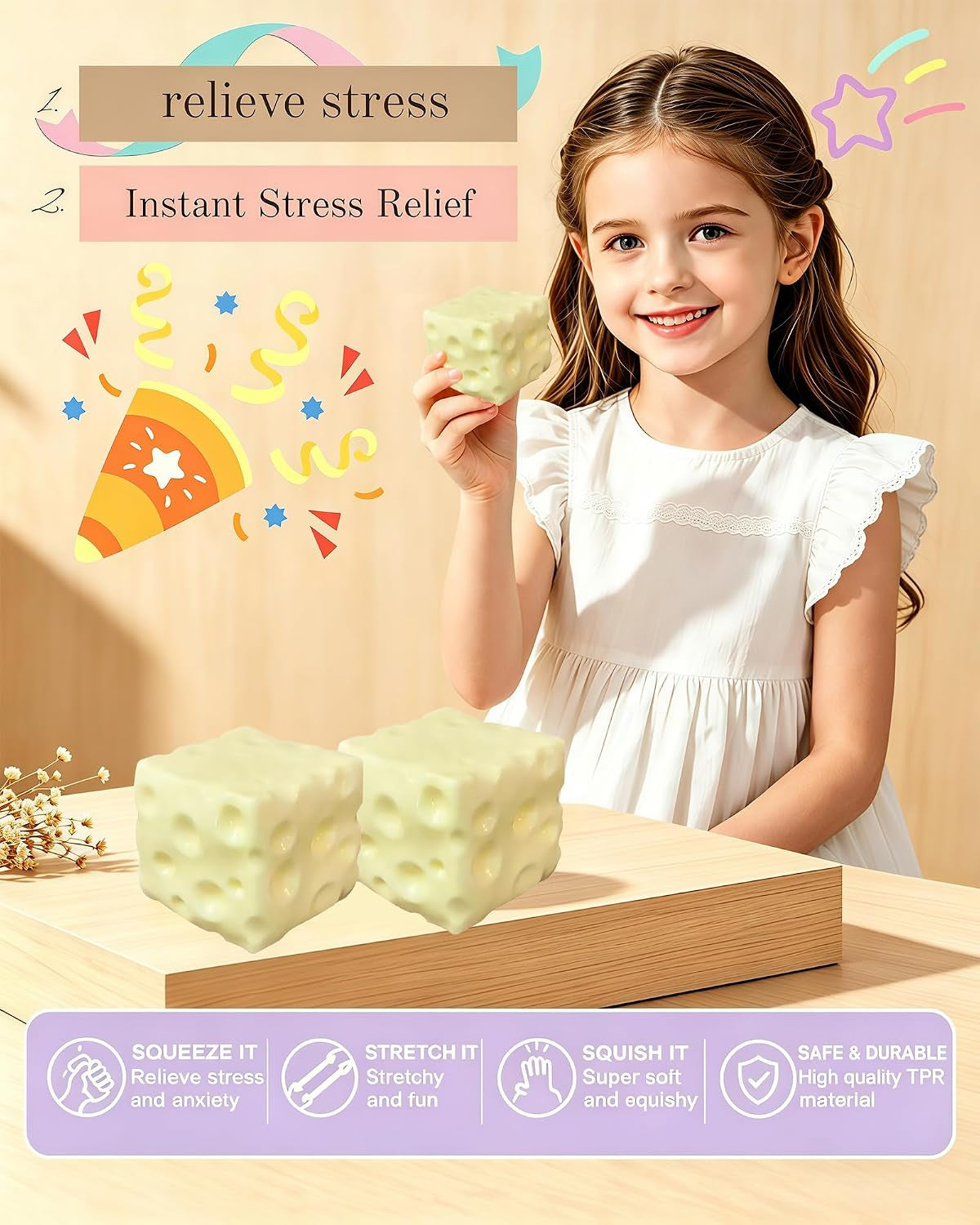 Coconut Oil Stress Ball, Cheese-Shaped Squishy Ball - Soft Jelly with a Bubblegum Texture, Slow-Rising Fidget Stress Ball for Stress Relief and Relaxation, Non-Sticky, Helps Improve Focus