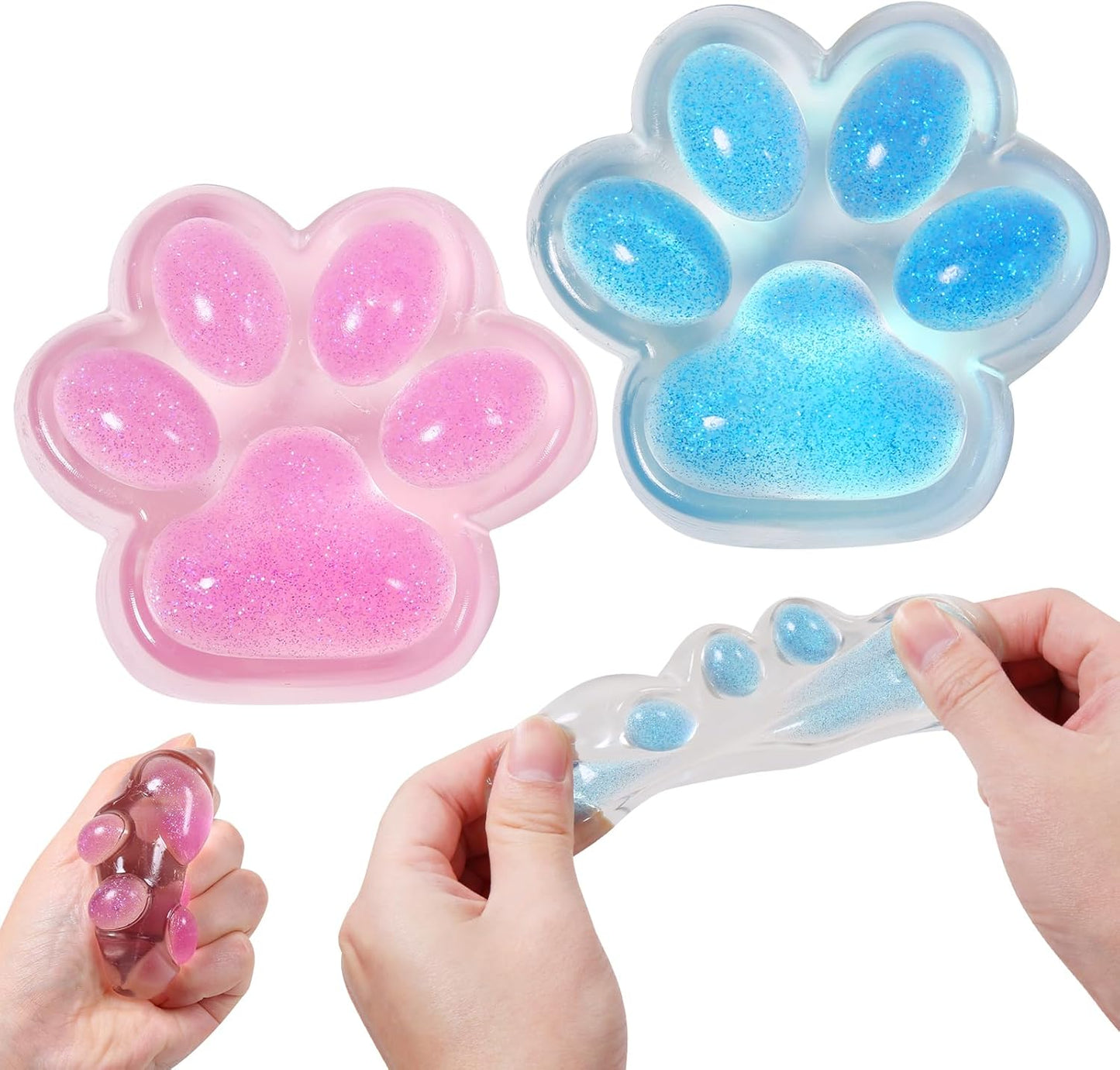 Set of 2 Kawaii Cat Paw Squeeze Toys in Pink and Blue - Sparkling Powder Infused PVC Stress Relief Squishies for Kids and Teens, OPP Packaging