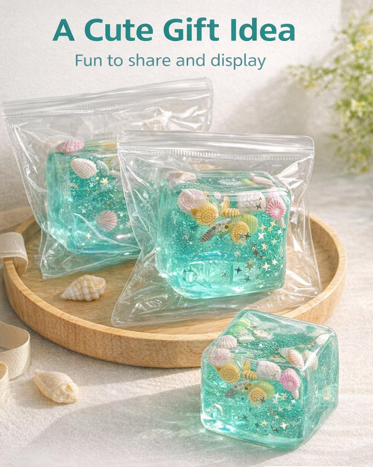 Ice Cube Stress Relief Squishy Toy, Soft Slow Rise Sensory Fidget Ball, Marine Shells Design, Stretchable Squeeze Hand Toy