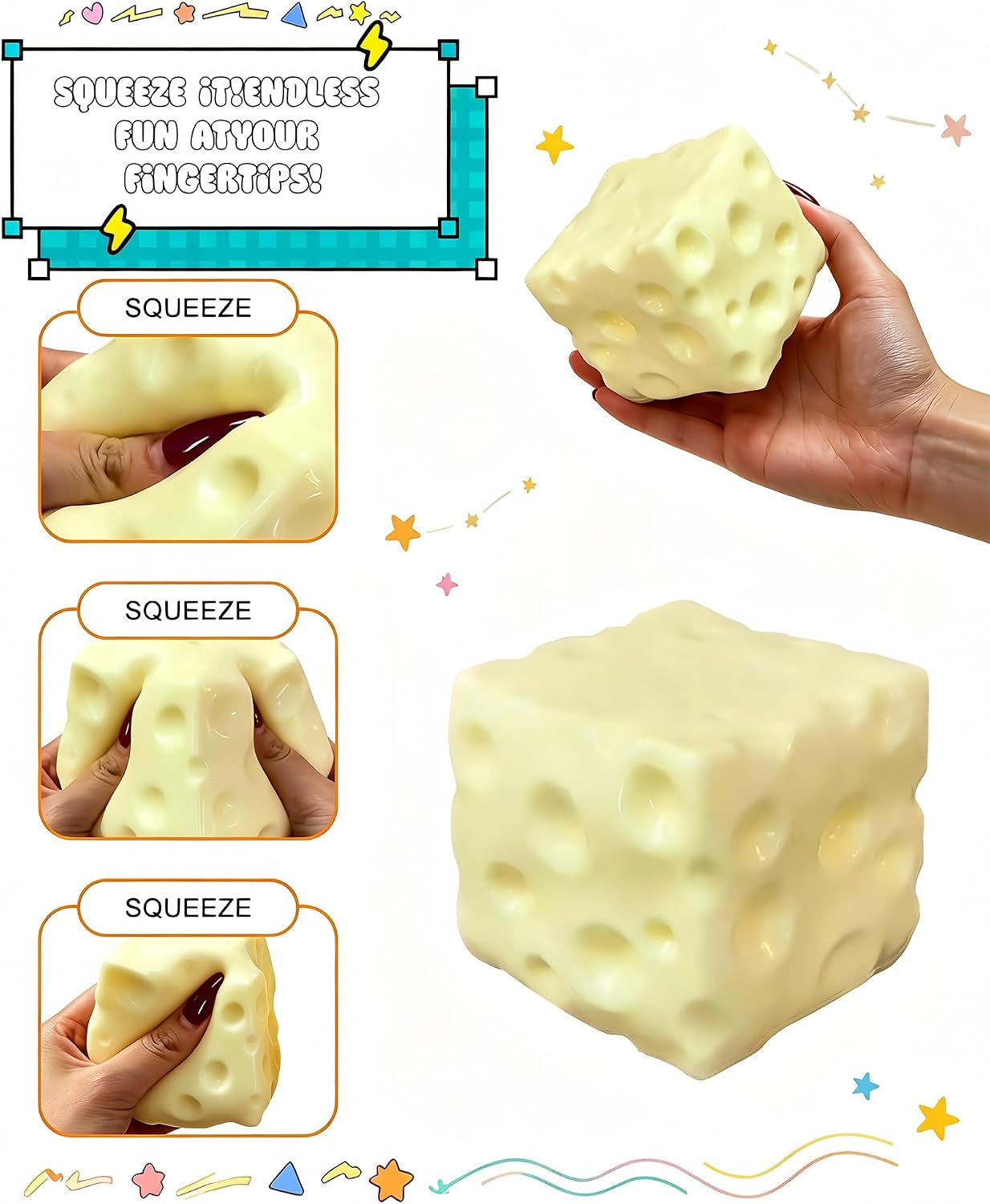 Coconut Oil Stress Ball, Cheese-Shaped Squishy Ball - Soft Jelly with a Bubblegum Texture, Slow-Rising Fidget Stress Ball for Stress Relief and Relaxation, Non-Sticky, Helps Improve Focus