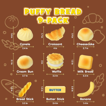 Butter Squishy Toys, 9 Pack Slow Rising Food Squishies Set | Soft Kawaii Food Squishies with Bread, Cake & Fruit Designs, Perfect Fidget Toys for Stress Relief, Relaxation and Play