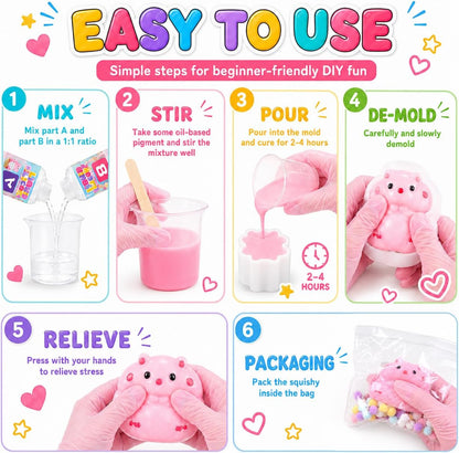 Taba Squishy Making Kit - DIY Squeeze Toy Set with 4 Molds, 18OZ Liquid Silicone, Ideal for Crafting, Party Favors, and Stress Relief Gifts