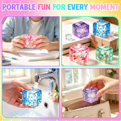 4Pcs Ice Cube Stress Balls, Cube Fidget Toys Adults for Kids, Glitter Filled Sensory Toys, Ocean Fruit Snow Flake Squeeze Toys, Slow Rise Squishies Stress Balls for Party, Festival, Birthday Toy Gift