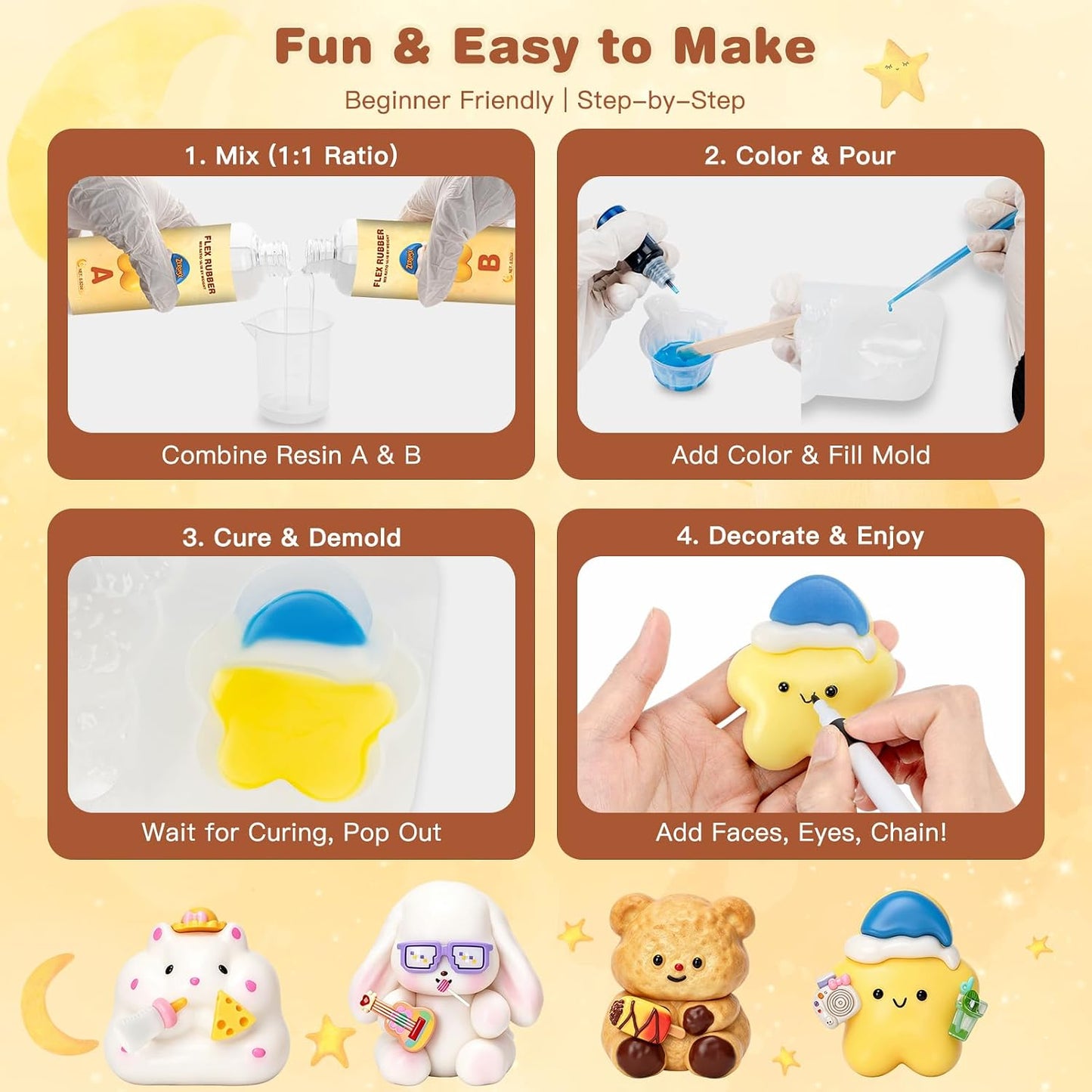 DIY Taba Squishy Kit - All-In-One Squishy Making Kit with Silicone Molds, 18OZ Liquid Silicone 1:1 AB Resin Mix, Bubble-Free & Fast Curing Flex Rubber,Cute Craft Gifts for Creative Kids & Teens