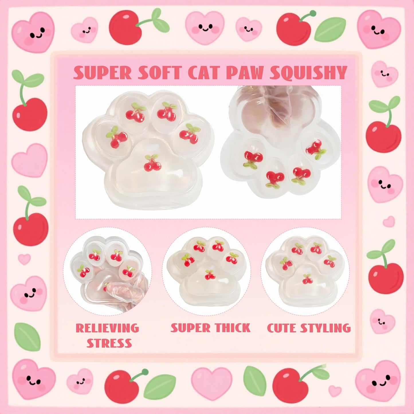 Large 5-Inch Cherry Cat Paw Taba Squishy Squeeze Toy - Cute Fufu Sensory Stress Relief Fidget for Adults and Party Favors