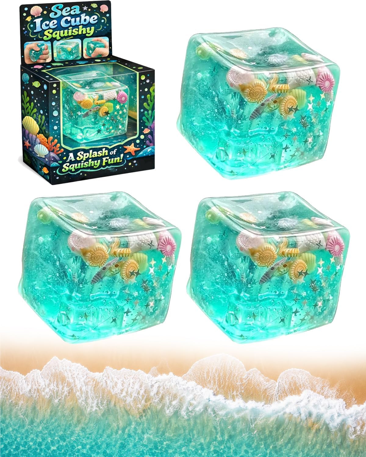 Ice Cube Stress Relief Squishy Toy, Soft Slow Rise Sensory Fidget Ball, Marine Shells Design, Stretchable Squeeze Hand Toy
