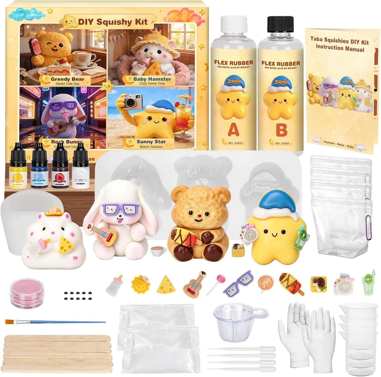 DIY Taba Squishy Kit - All-In-One Squishy Making Kit with Silicone Molds, 18OZ Liquid Silicone 1:1 AB Resin Mix, Bubble-Free & Fast Curing Flex Rubber,Cute Craft Gifts for Creative Kids & Teens