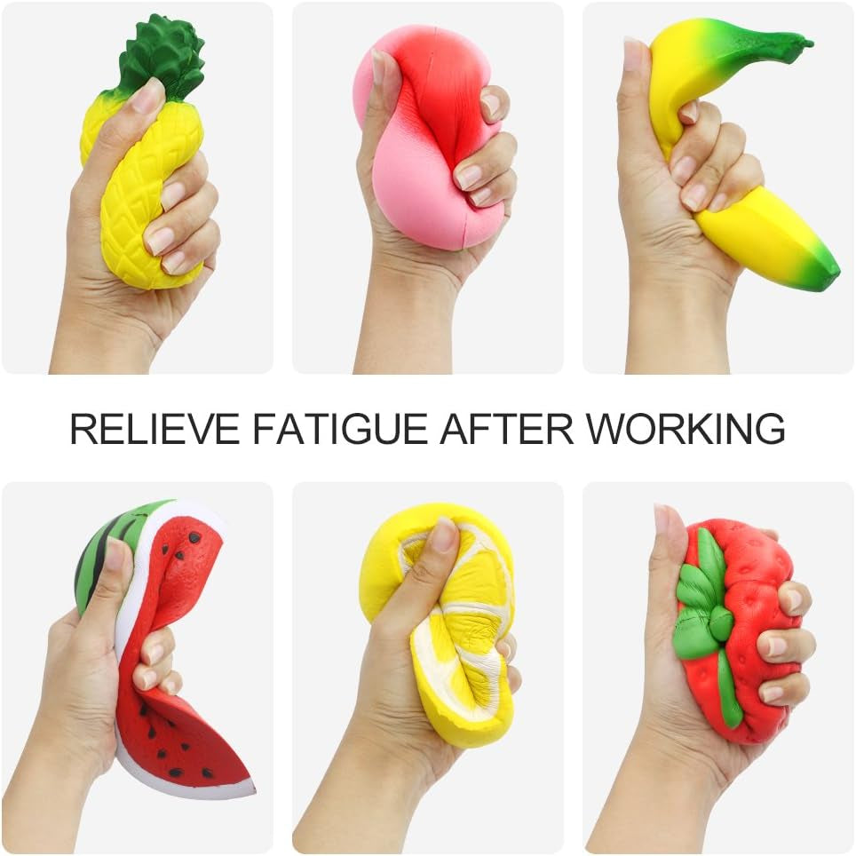 Set of 6 Jumbo Slow Rising Fruit Squishies - Strawberry, Peach, Banana, Lemon, Watermelon, Pineapple - Cream Scented Stress Relief Toys for All Ages
