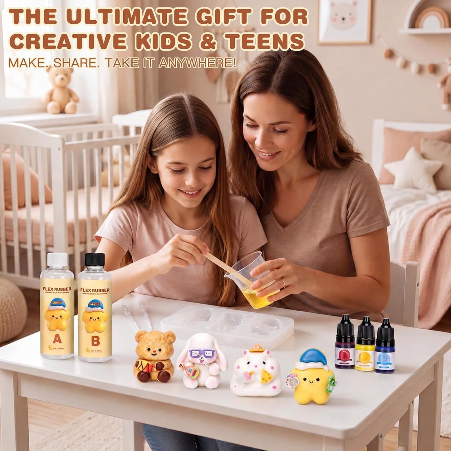 DIY Taba Squishy Kit - All-In-One Squishy Making Kit with Silicone Molds, 18OZ Liquid Silicone 1:1 AB Resin Mix, Bubble-Free & Fast Curing Flex Rubber,Cute Craft Gifts for Creative Kids & Teens