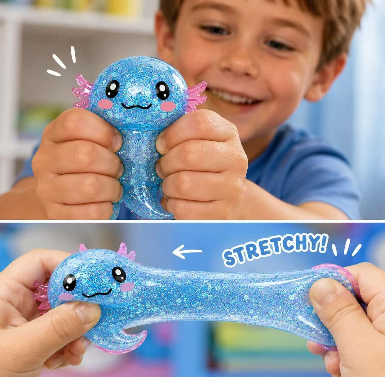 Axolotl Stress Relief Squishy Toy - Glitter Fidget Ball for Kids and Adults, Ideal for Birthday Party Favors and Classroom Gifts