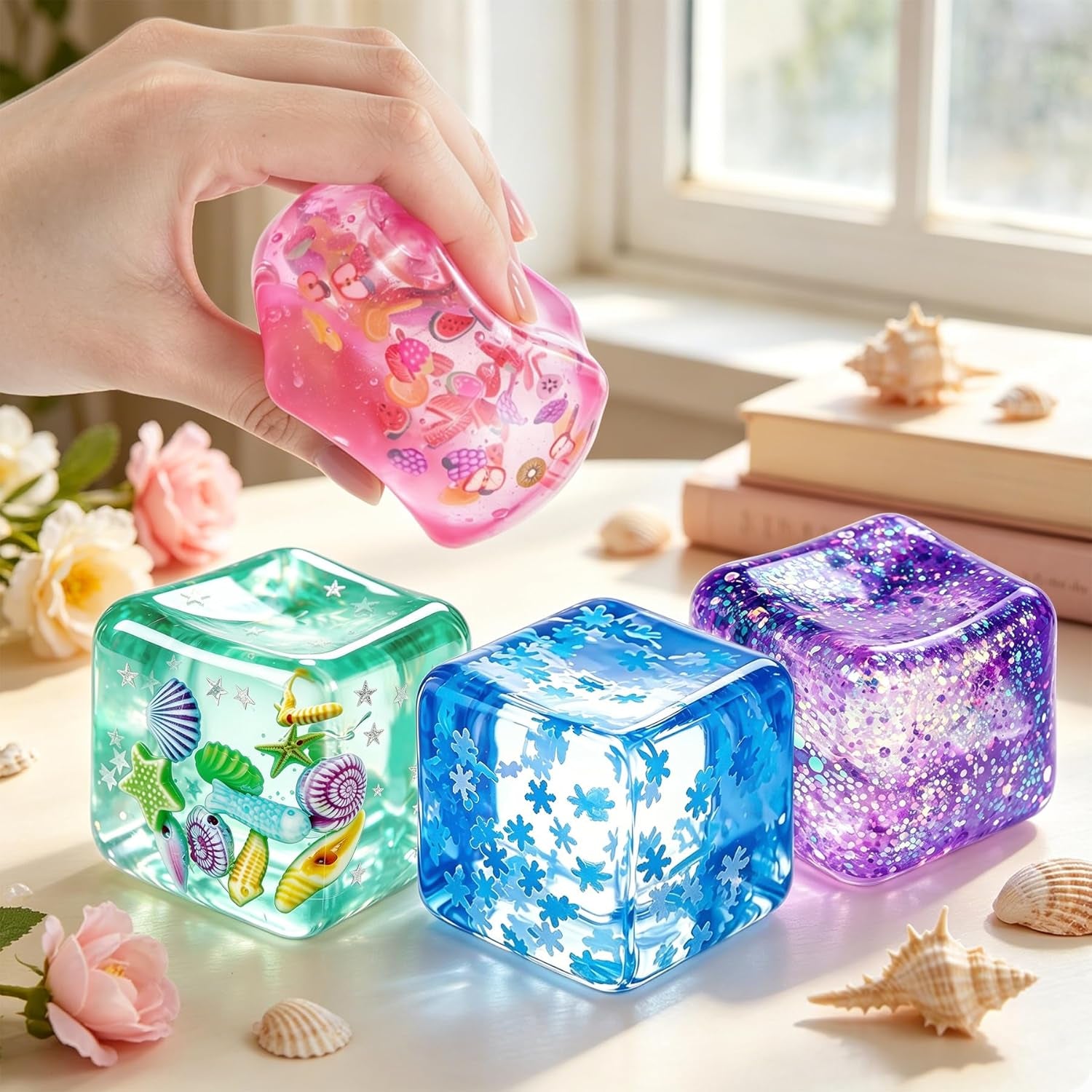 4Pcs Ice Cube Stress Balls, Cube Fidget Toys Adults for Kids, Glitter Filled Sensory Toys, Ocean Fruit Snow Flake Squeeze Toys, Slow Rise Squishies Stress Balls for Party, Festival, Birthday Toy Gift