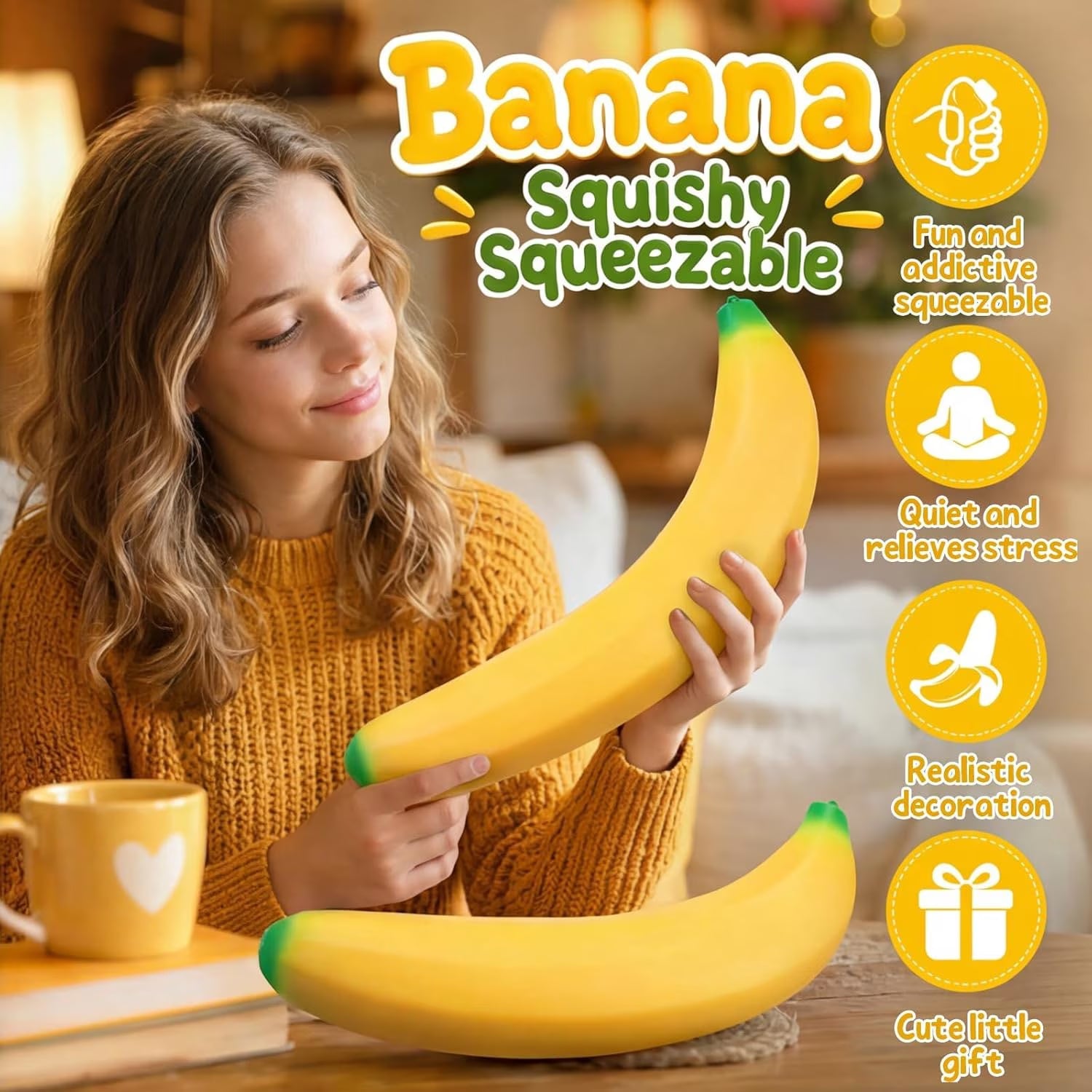 Jumbo Banana Squish Toys, 16" Fruit Taba Squish, Giant Stress Balls, Gifts
