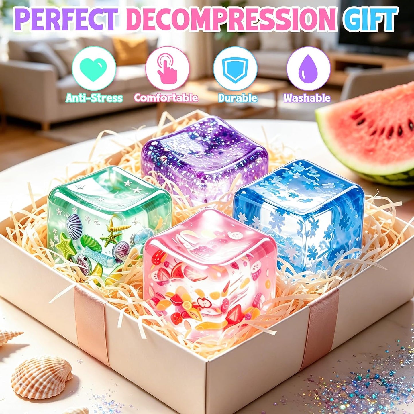4Pcs Ice Cube Stress Balls, Cube Fidget Toys Adults for Kids, Glitter Filled Sensory Toys, Ocean Fruit Snow Flake Squeeze Toys, Slow Rise Squishies Stress Balls for Party, Festival, Birthday Toy Gift